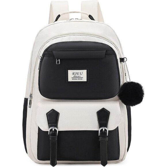 Girls Black Beige 15.6in Laptop Kids Backpack For Middle School College Students - Picture 1 of 7